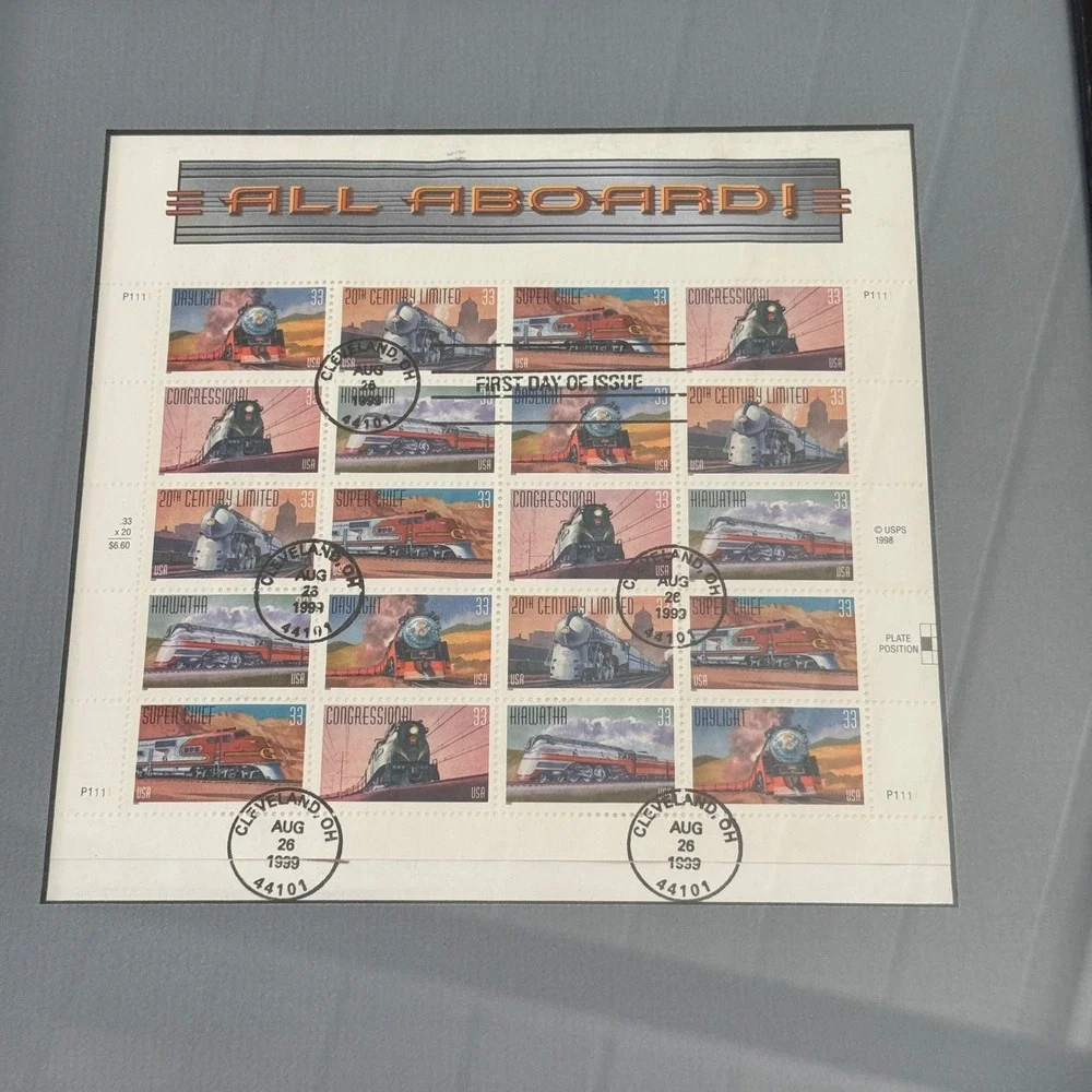 USPS All Aboard Train‎ Stamp Sheet 1999 First Day Issue Framed 33c Rail